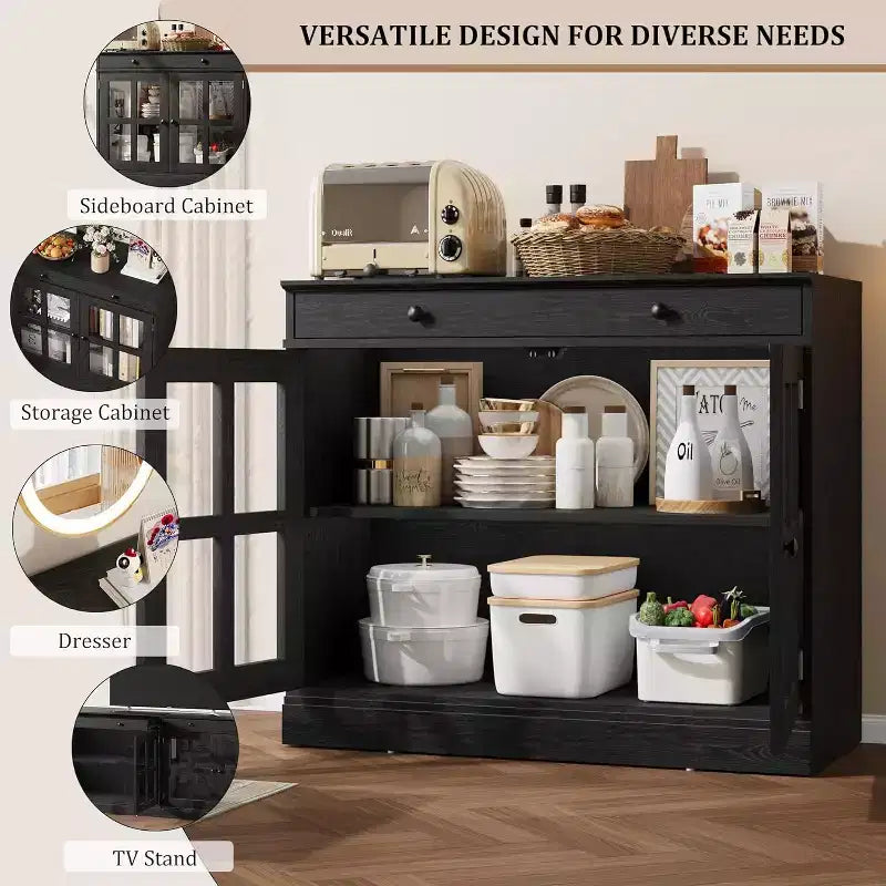 Madia a buffet da 35,4" con ante in vetro e cassetto