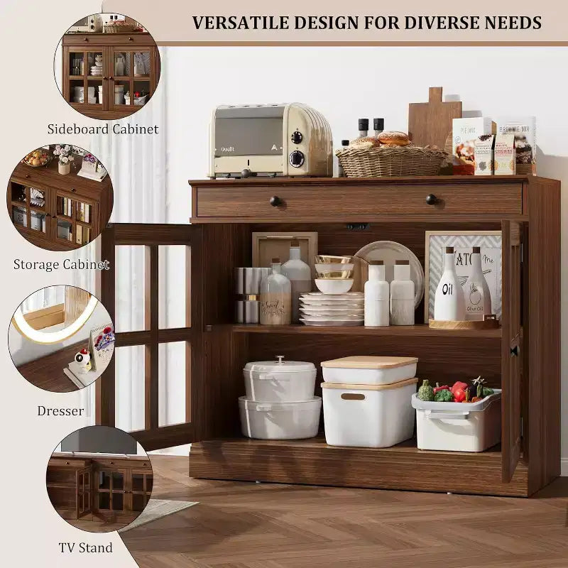 Madia a buffet da 35,4" con ante in vetro e cassetto