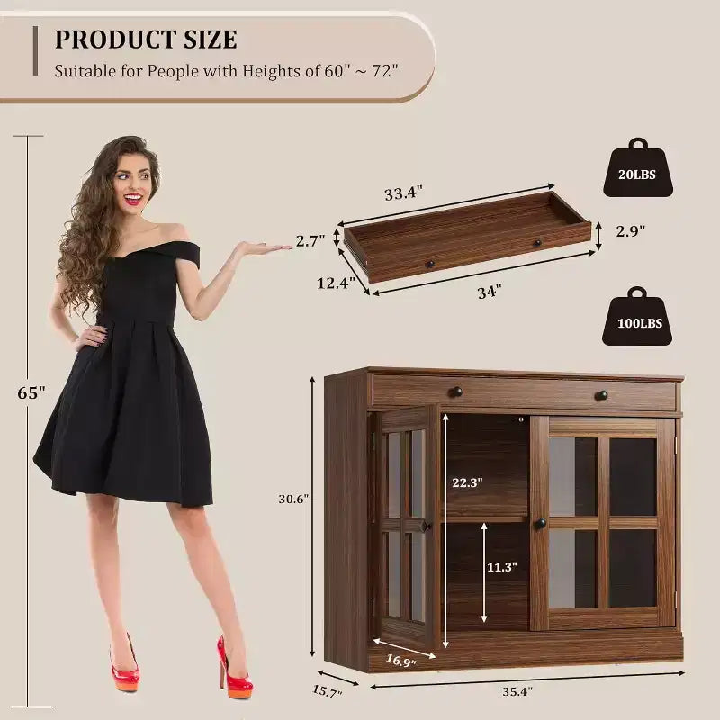Madia a buffet da 35,4" con ante in vetro e cassetto