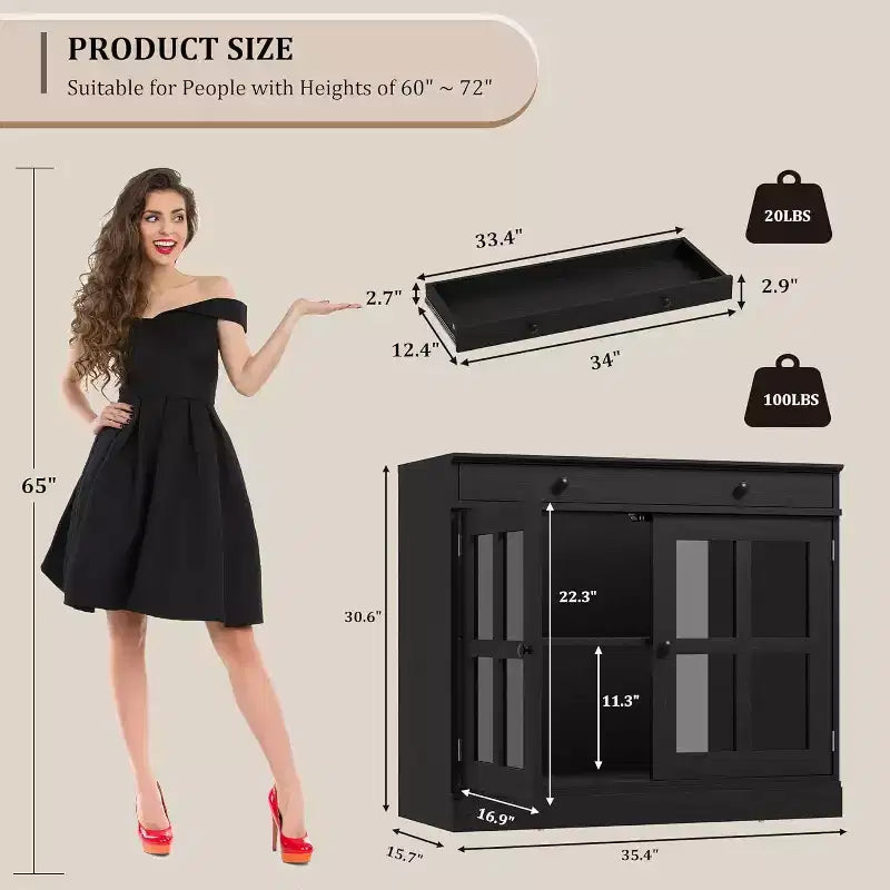 Madia a buffet da 35,4" con ante in vetro e cassetto