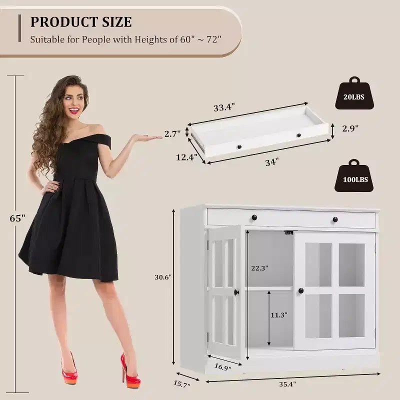 Madia a buffet da 35,4" con ante in vetro e cassetto