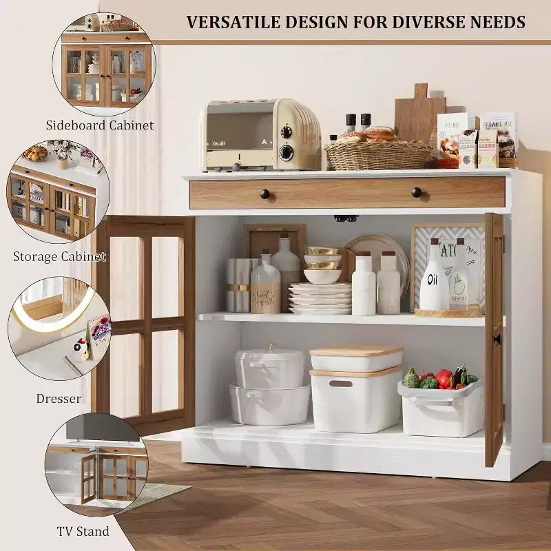 Madia a buffet da 35,4" con ante in vetro e cassetto