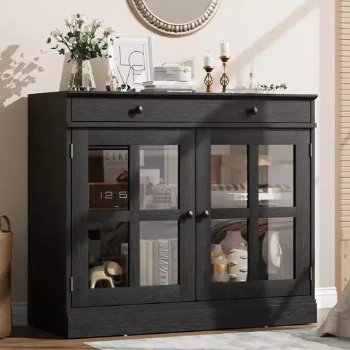 35.4''W Sideboard Buffet Cabinet with Glass Door and Drawer, Adjustable Storage Cabinet for Dining Room, Kitchen or Living Room