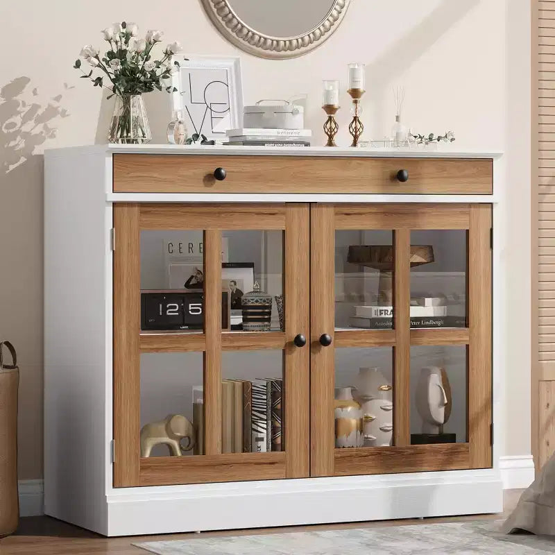 Madia a buffet da 35,4" con ante in vetro e cassetto