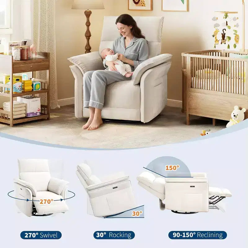 Poltrona reclinabile elettrica con porta USB – Dondolo girevole a 270°, seduta ampia, tessuto ciniglia