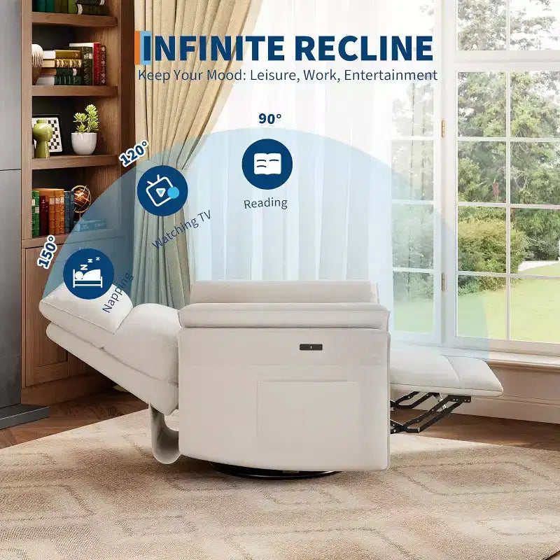 Poltrona reclinabile elettrica con porta USB – Dondolo girevole a 270°, seduta ampia, tessuto ciniglia