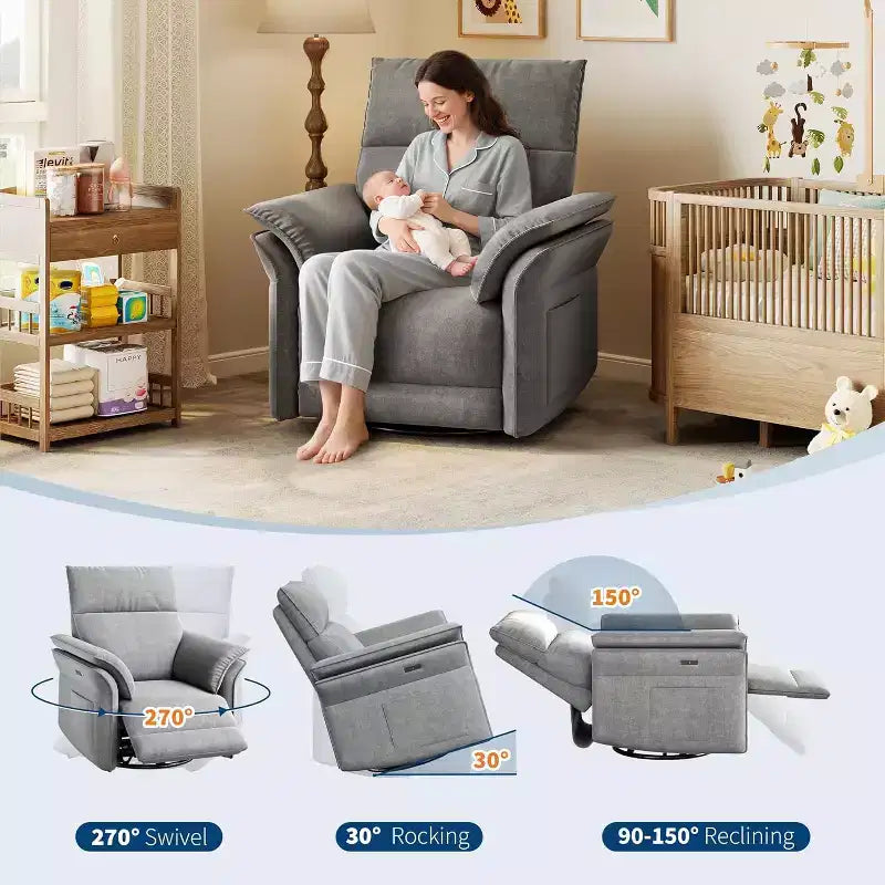 Poltrona reclinabile elettrica con porta USB – Dondolo girevole a 270°, seduta ampia, tessuto ciniglia