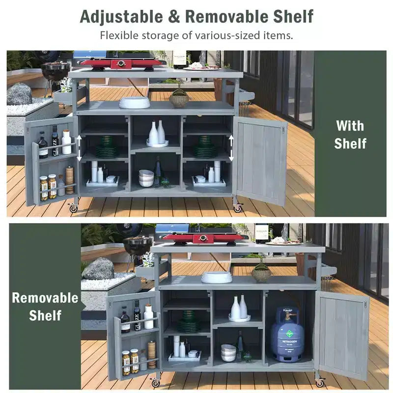 Carrello da esterno per grill con ruote e scomparto