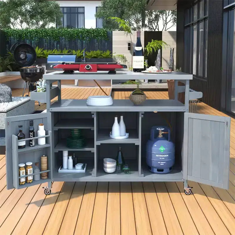 Carrello da esterno per grill con ruote e scomparto