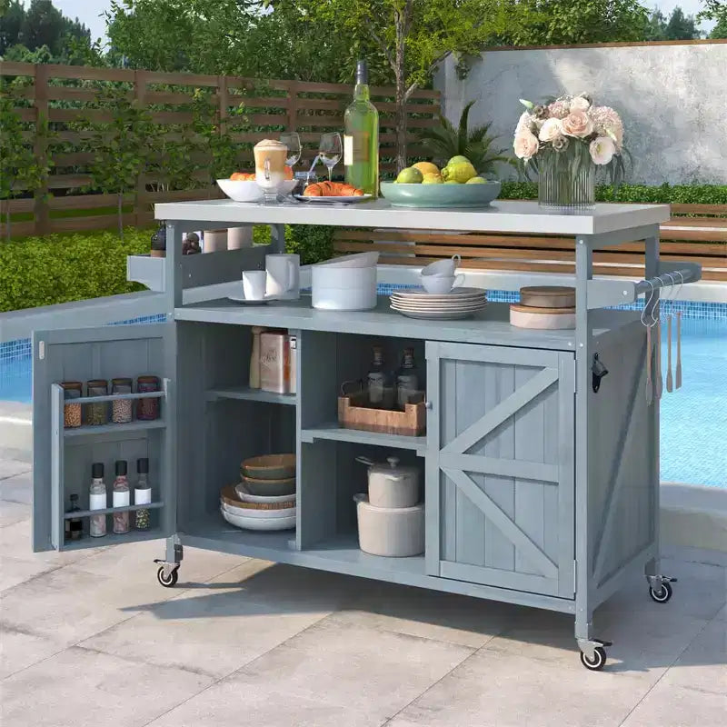 Carrello da esterno per grill con ruote e scomparto