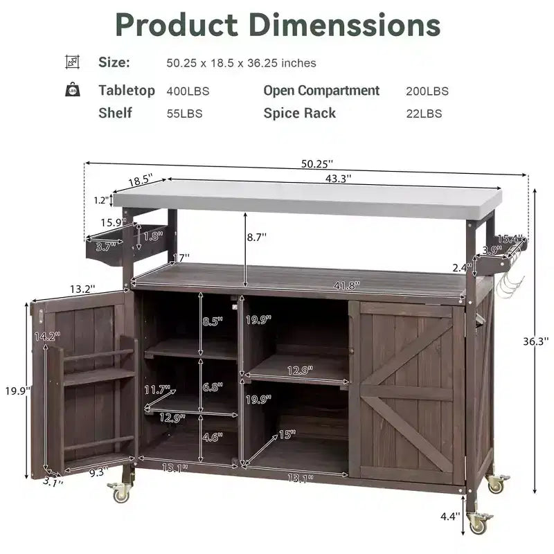 Carrello da esterno per grill con ruote e scomparto