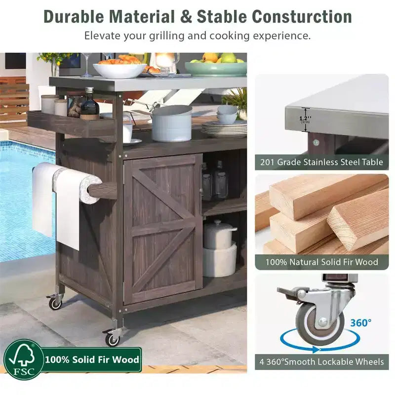 Carrello da esterno per grill con ruote e scomparto