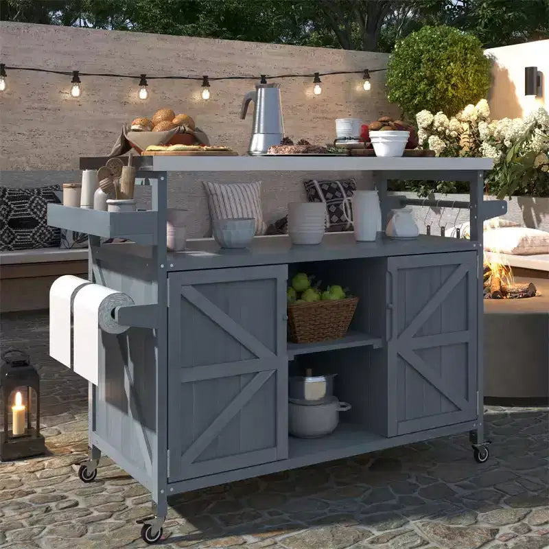 Carrello da esterno per grill con ruote e scomparto