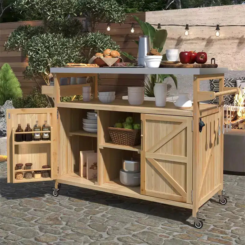 Carrello da esterno per grill con ruote e scomparto