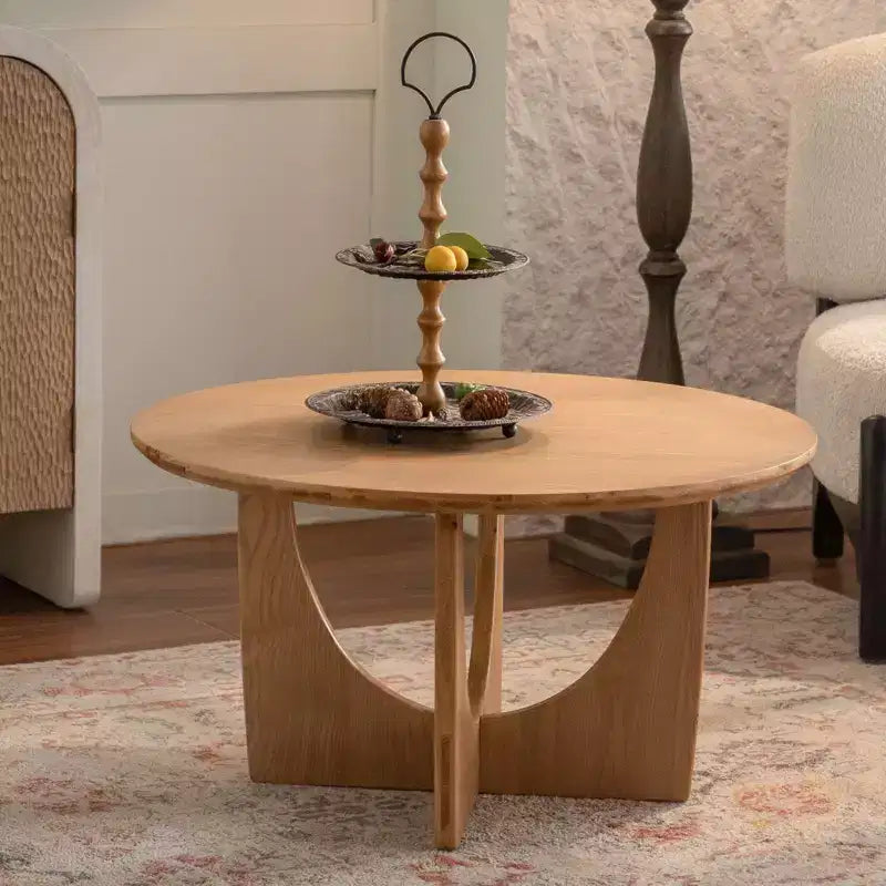 Maxax 31.1 Round Wooden Coffee Table,Natural Oak Finish Coffee Table with Cut-Out Base for Living Room Farmhouse Spaces