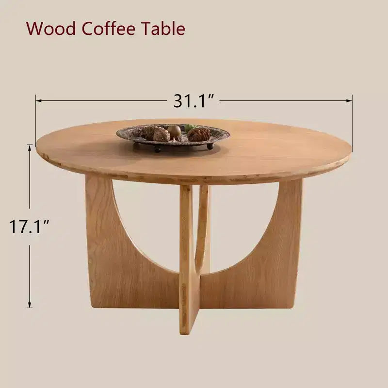 Tavolino da Caffè Rotondo in Legno da 31,1 Pollici con Base Intagliata – Finitura Quercia Naturale, per Soggiorno e Ambienti Rustici