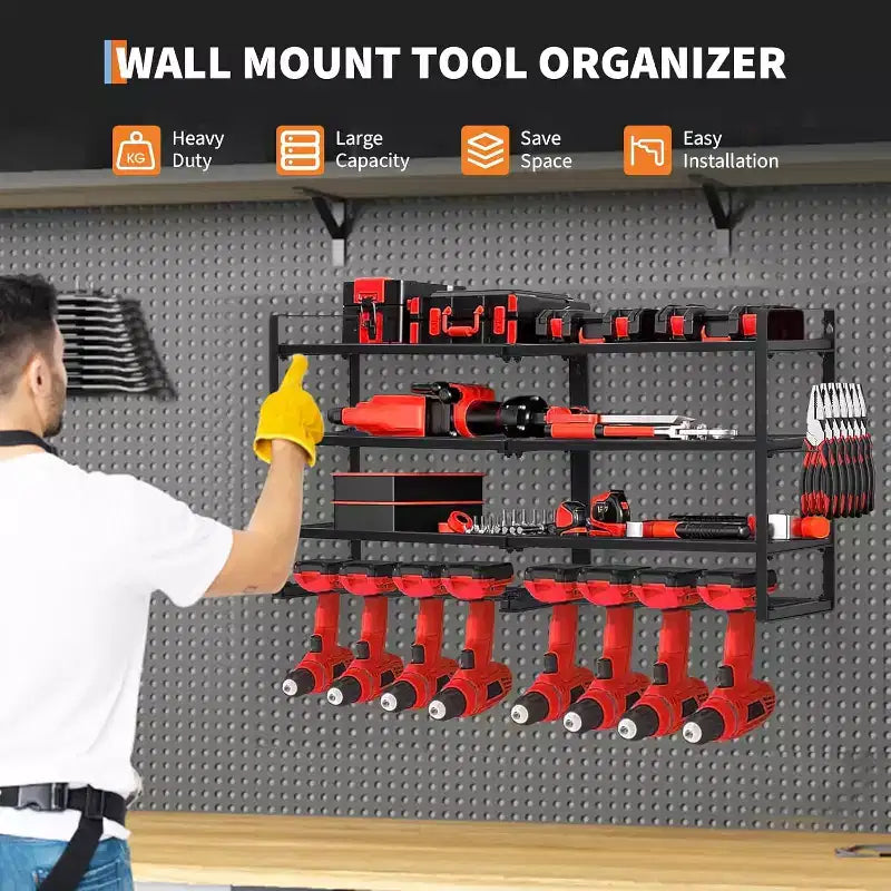 Organizer Porta Utensili da Parete, Scaffale in Metallo a 4 Ripiani per Garage con 8 Alloggiamenti per Trapani e Ganci, Capacità 240 libbre