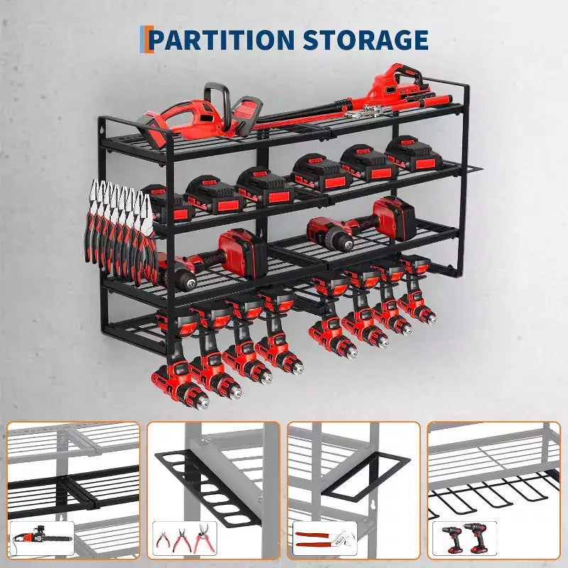 Organizer Porta Utensili da Parete, Scaffale in Metallo a 4 Ripiani per Garage con 8 Alloggiamenti per Trapani e Ganci, Capacità 240 libbre