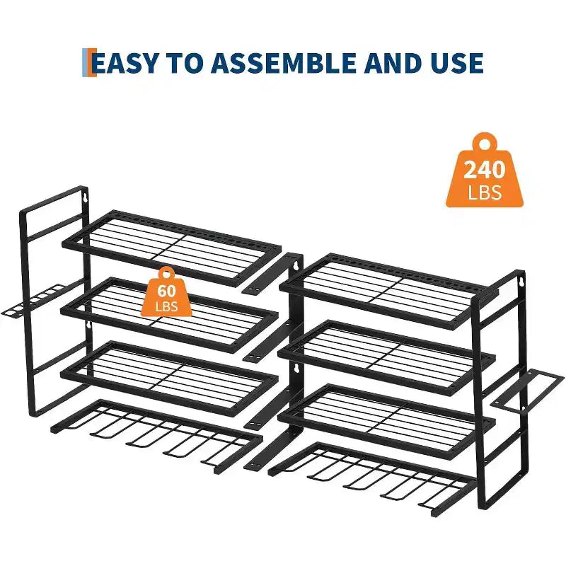 Organizer Porta Utensili da Parete, Scaffale in Metallo a 4 Ripiani per Garage con 8 Alloggiamenti per Trapani e Ganci, Capacità 240 libbre