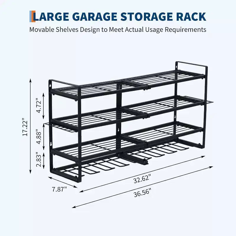 Organizer Porta Utensili da Parete, Scaffale in Metallo a 4 Ripiani per Garage con 8 Alloggiamenti per Trapani e Ganci, Capacità 240 libbre