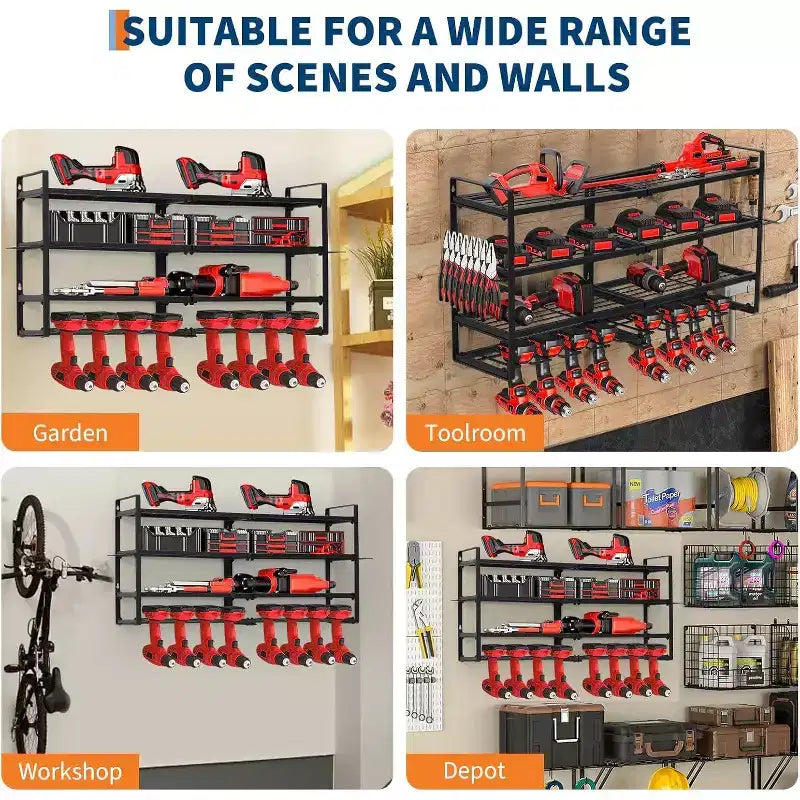 Organizer Porta Utensili da Parete, Scaffale in Metallo a 4 Ripiani per Garage con 8 Alloggiamenti per Trapani e Ganci, Capacità 240 libbre