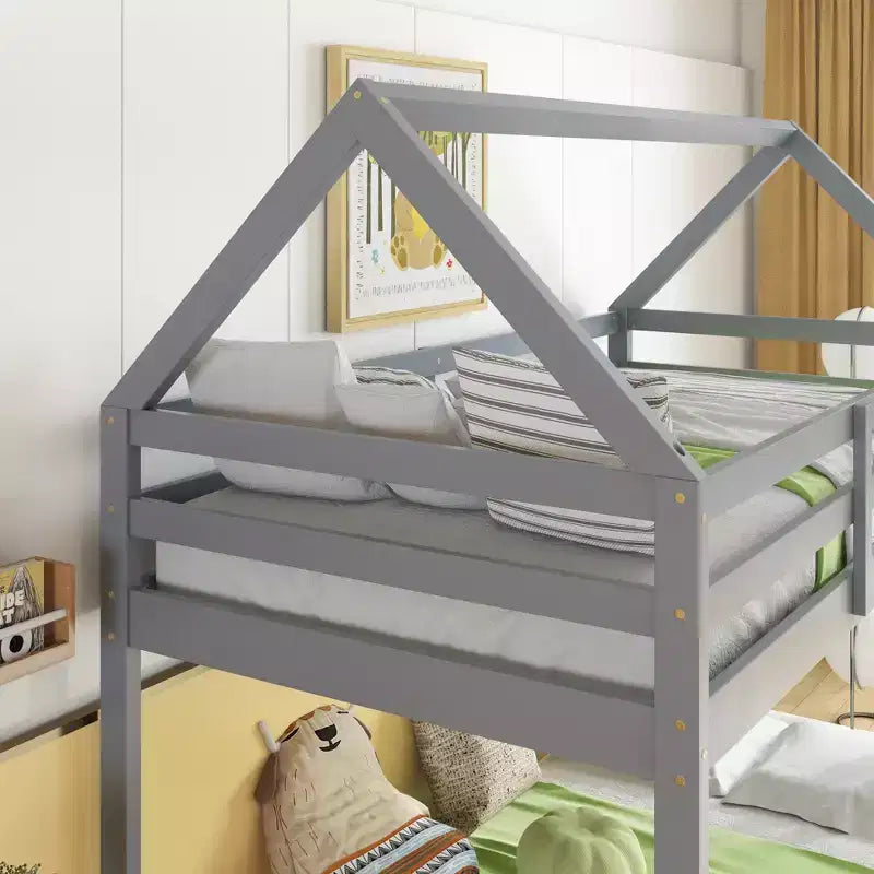 Letto a castello a due piani con scaletta e ringhiere di protezione, struttura in legno di gomma – Cameretta bambini