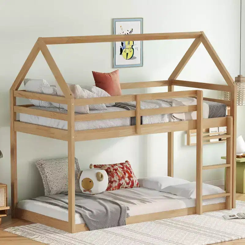 Letto a castello a due piani con scaletta e ringhiere di protezione, struttura in legno di gomma – Cameretta bambini