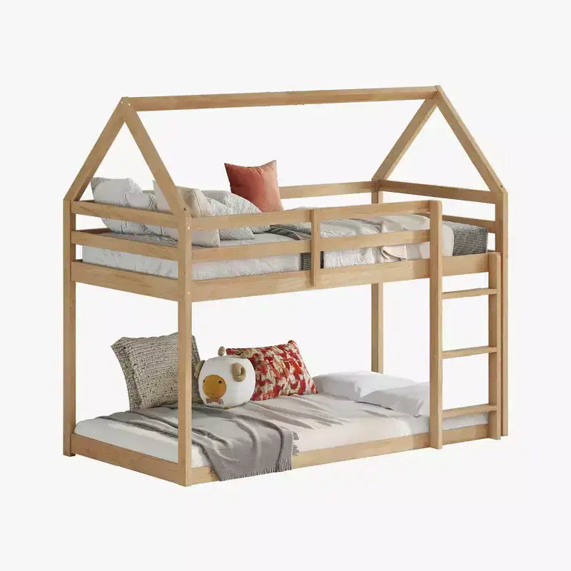 Letto a castello a due piani con scaletta e ringhiere di protezione, struttura in legno di gomma – Cameretta bambini
