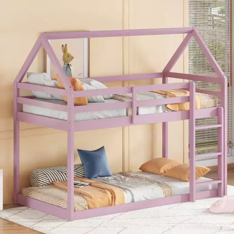 Letto a castello a due piani con scaletta e ringhiere di protezione, struttura in legno di gomma – Cameretta bambini