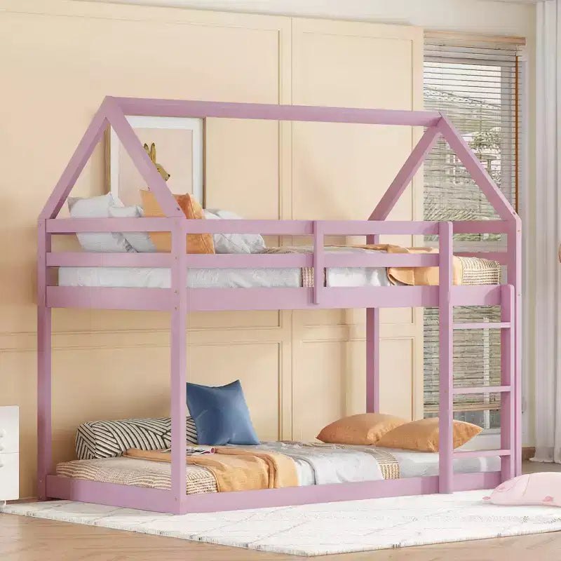 Letto a castello a due piani con scaletta e ringhiere di protezione, struttura in legno di gomma – Cameretta bambini