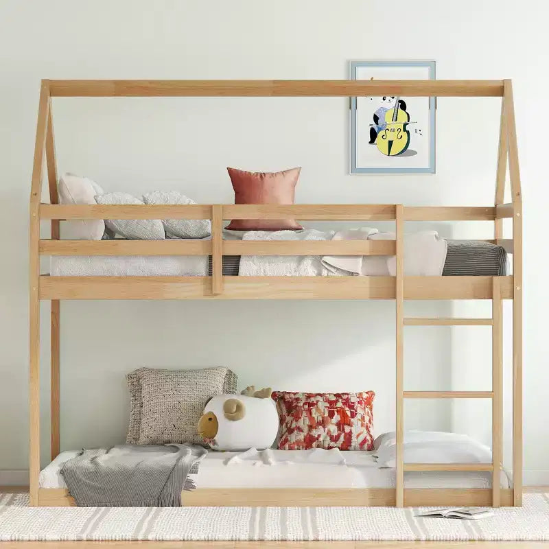 Letto a castello a due piani con scaletta e ringhiere di protezione, struttura in legno di gomma – Cameretta bambini
