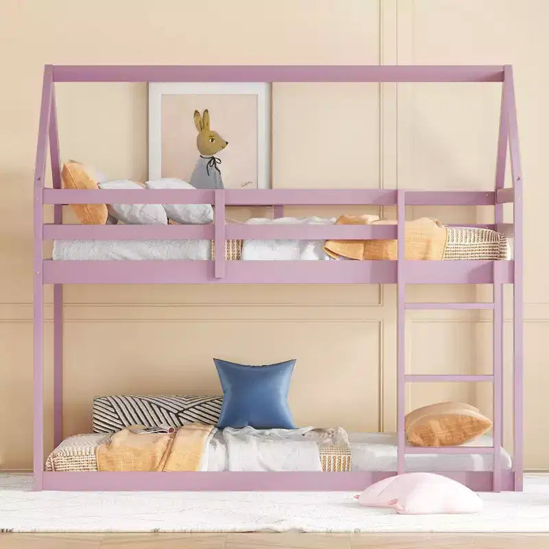 Letto a castello a due piani con scaletta e ringhiere di protezione, struttura in legno di gomma – Cameretta bambini