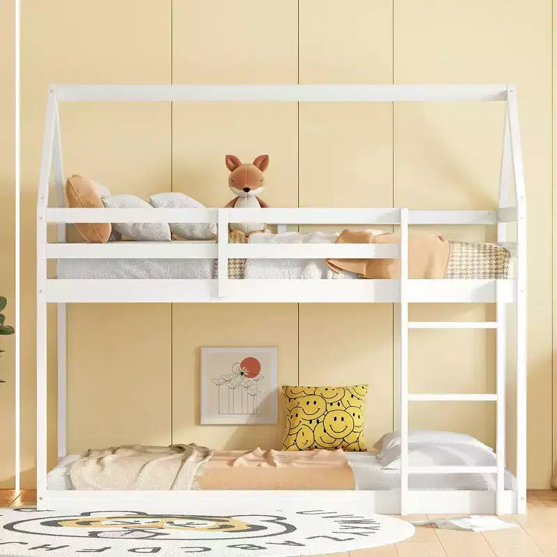 Letto a castello a due piani con scaletta e ringhiere di protezione, struttura in legno di gomma – Cameretta bambini