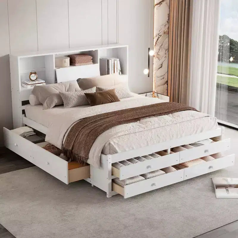 Struttura Letto con Piattaforma in Legno di Pino King/Queen Size con Testiera Contenitore e 8 Cassetti