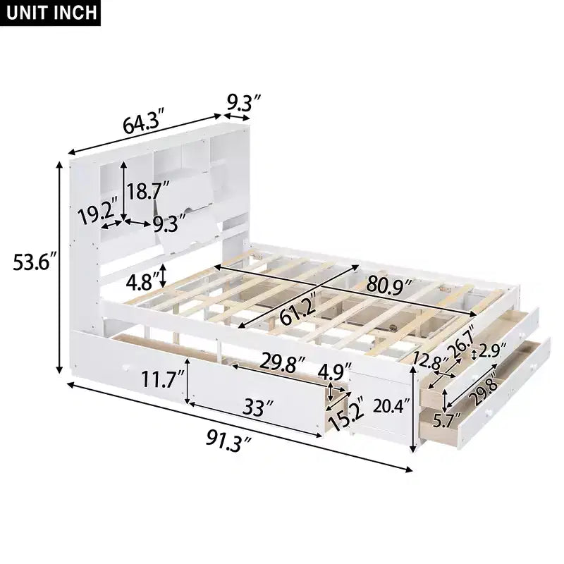 Struttura Letto con Piattaforma in Legno di Pino King/Queen Size con Testiera Contenitore e 8 Cassetti