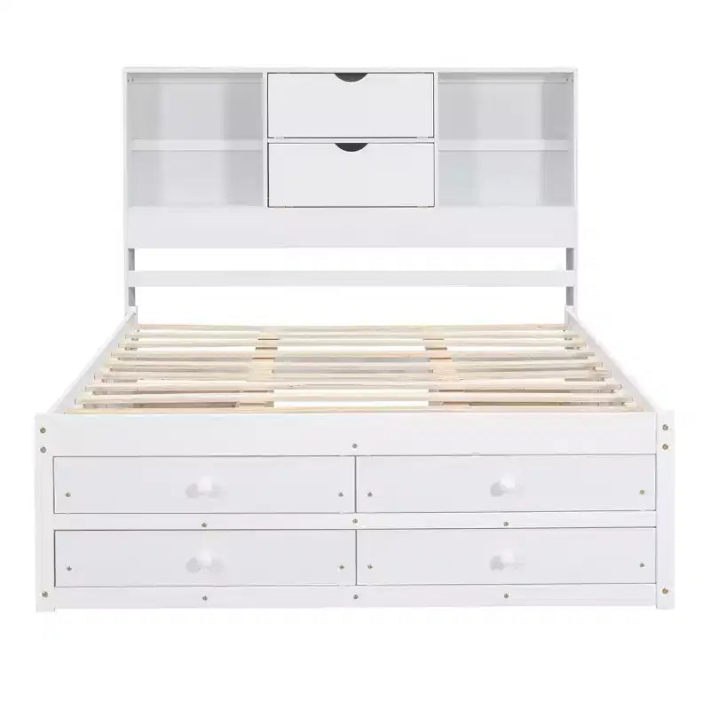 Struttura Letto con Piattaforma in Legno di Pino King/Queen Size con Testiera Contenitore e 8 Cassetti
