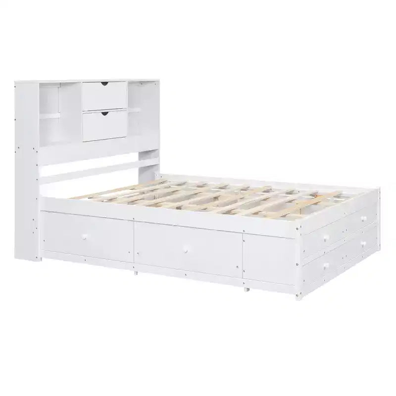 Struttura Letto con Piattaforma in Legno di Pino King/Queen Size con Testiera Contenitore e 8 Cassetti
