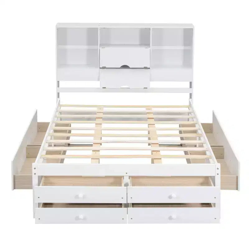 Struttura Letto con Piattaforma in Legno di Pino King/Queen Size con Testiera Contenitore e 8 Cassetti
