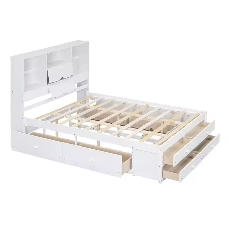 Struttura Letto con Piattaforma in Legno di Pino King/Queen Size con Testiera Contenitore e 8 Cassetti