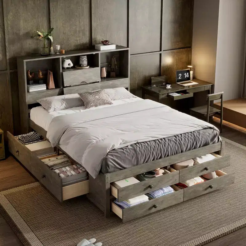 Struttura Letto con Piattaforma in Legno di Pino King/Queen Size con Testiera Contenitore e 8 Cassetti