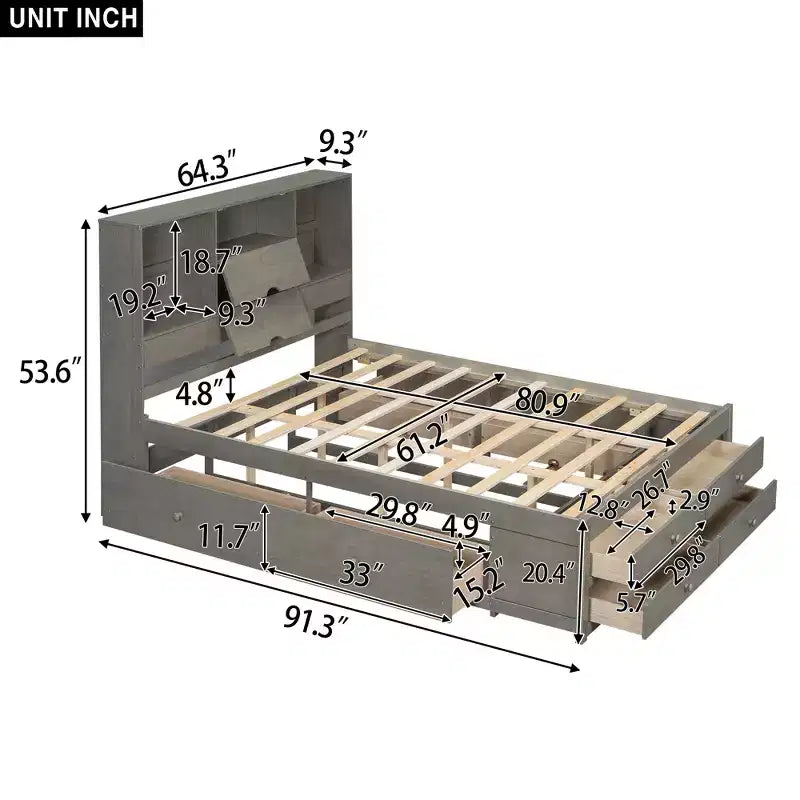 Struttura Letto con Piattaforma in Legno di Pino King/Queen Size con Testiera Contenitore e 8 Cassetti