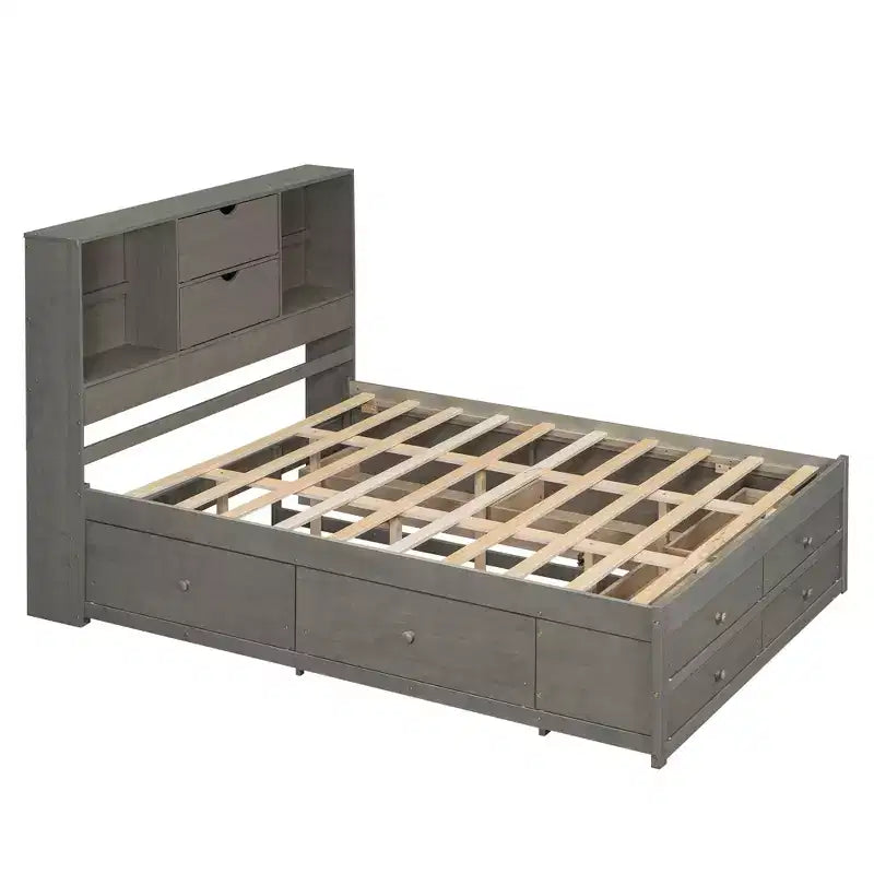 Struttura Letto con Piattaforma in Legno di Pino King/Queen Size con Testiera Contenitore e 8 Cassetti