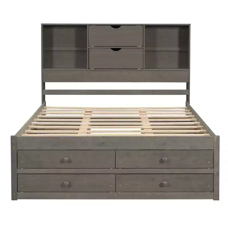 Struttura Letto con Piattaforma in Legno di Pino King/Queen Size con Testiera Contenitore e 8 Cassetti