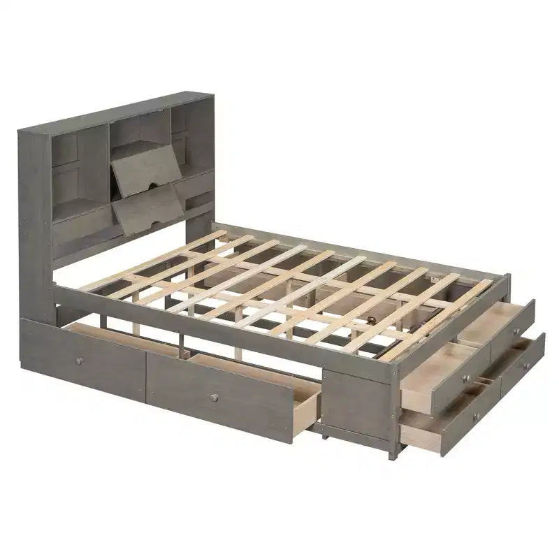 Struttura Letto con Piattaforma in Legno di Pino King/Queen Size con Testiera Contenitore e 8 Cassetti