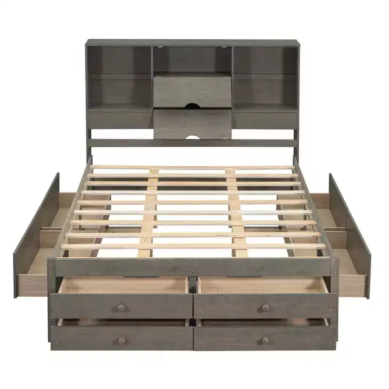 Struttura Letto con Piattaforma in Legno di Pino King/Queen Size con Testiera Contenitore e 8 Cassetti