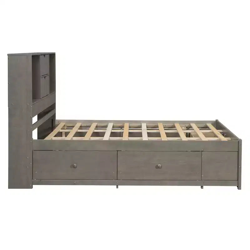 Struttura Letto con Piattaforma in Legno di Pino King/Queen Size con Testiera Contenitore e 8 Cassetti