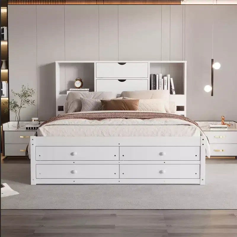 Struttura Letto con Piattaforma in Legno di Pino King/Queen Size con Testiera Contenitore e 8 Cassetti