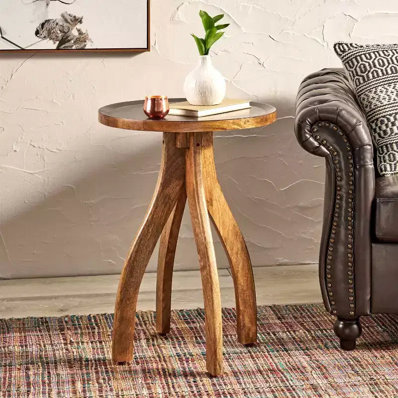 MAYEERTY Elegant Boho Mango Wood Side Table, Curvaceous Earthy Tone Lipped Top End Table for Living Room