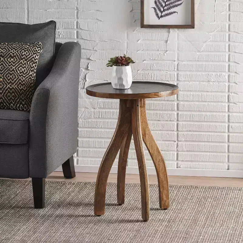 Tavolino Bohemien in Legno di Mango dal Design Sinuoso con Bordo Rialzato – Tonalità della Terra