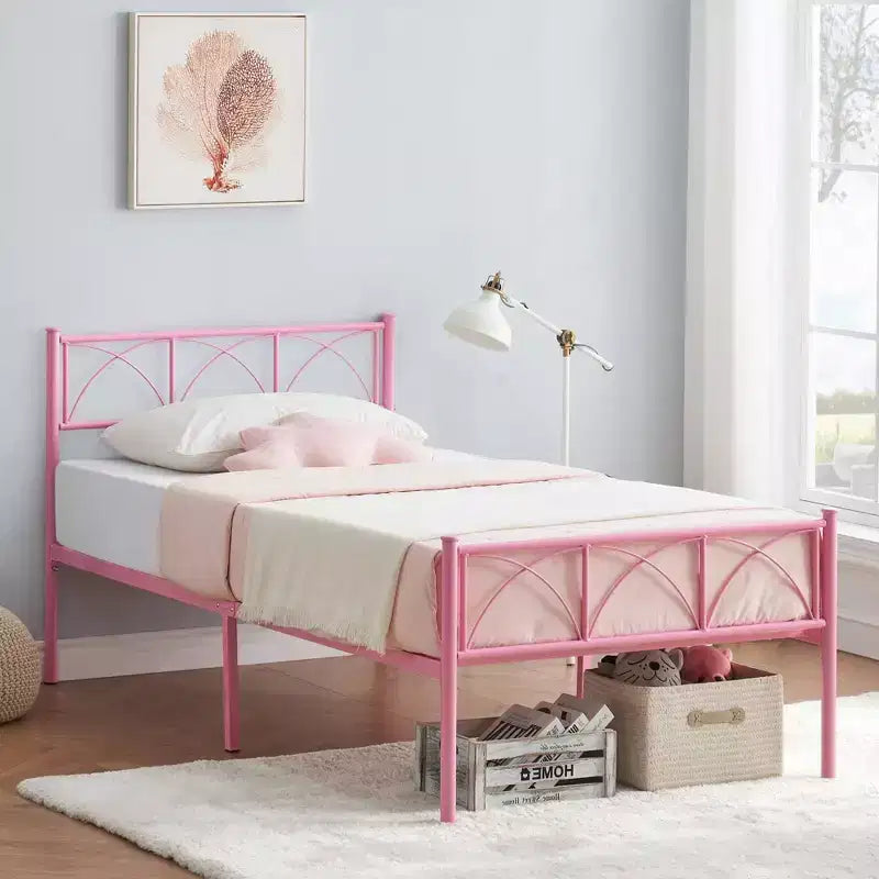 Struttura letto a piattaforma matrimoniale da 14 pollici con testiera e pediera, contenitore sotto il letto – Rosa
